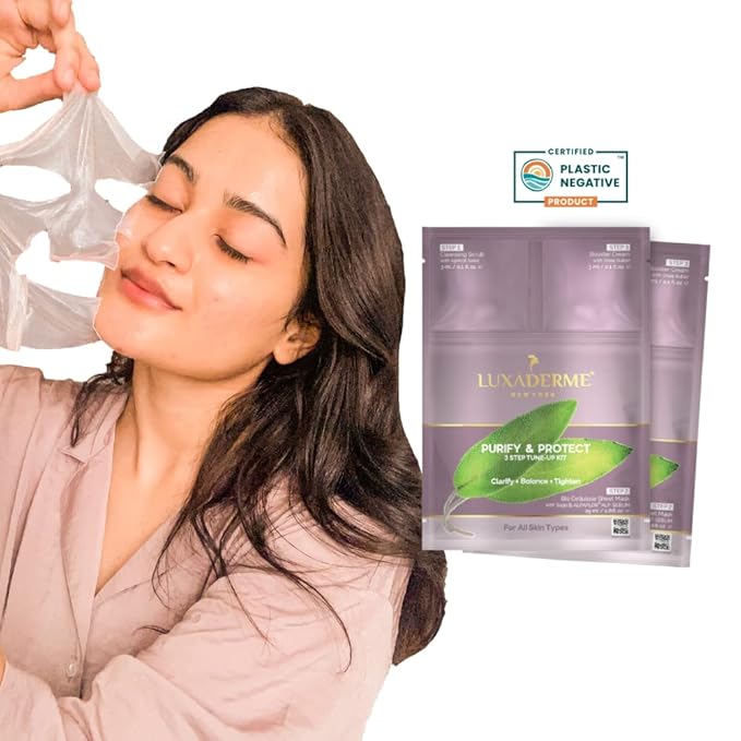 LuxaDerme Purify & Protect 3 Step Tune-Up Kit - Cleansing Scrub, Bio Cellulose Sheet Mask, Booster Cream (Pack of 2)