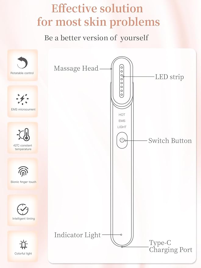 Acne Light Therapy Wand Red Light Therapy for Face Microcurrent Facial Device, True Beauty Glow Facial Massager Lymphatic Drainage Massager Face