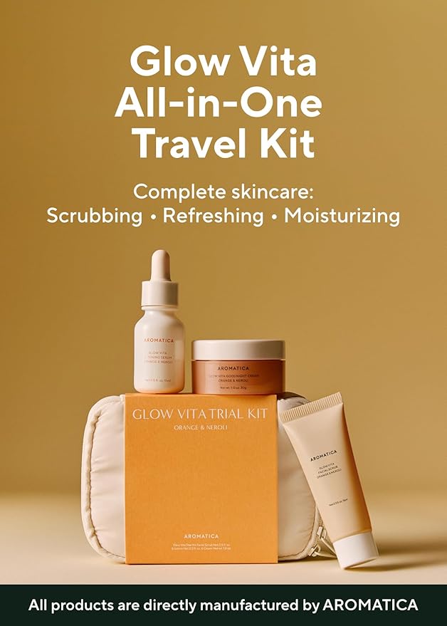 AROMATICA Glow Vita Trial Kit - Travel Size Skin Care Set [Vitamin C Serum 0.5 fl.oz, Facial Scrub 0.5 fl.oz, Goodnight Cream with Retinol 1oz] - Travel Kit for Women | Mothers day gifts for mom