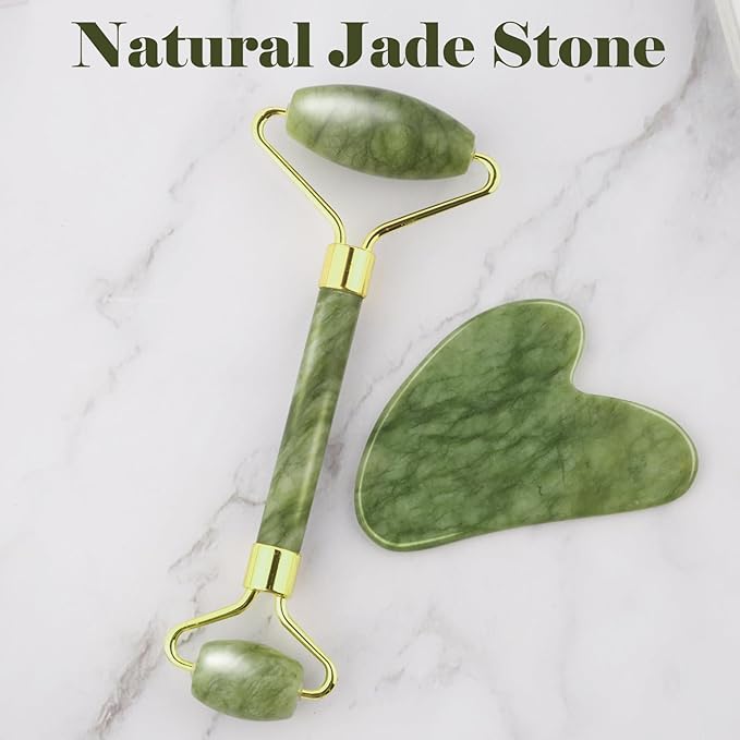 Guasha Tool for Face & Jade Roller for Face,Gua Sha Facial Tools for Reduce Puffiness and Improve Wrinkles,Green Jade Roller and Gua Sha Set Self Care Gifts for Women