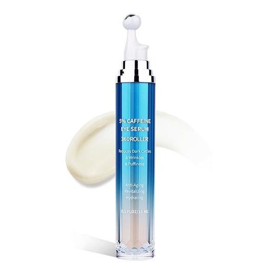 Eye Serum for Dark Circles and Puffiness, 5% Caffeine 8% Retinol Under Eye Cream with Build-In 3D Roller Applicator, Hyaluronic Acid Peptide for Hydration Fine lines Wrinkles, 0.5 fl oz