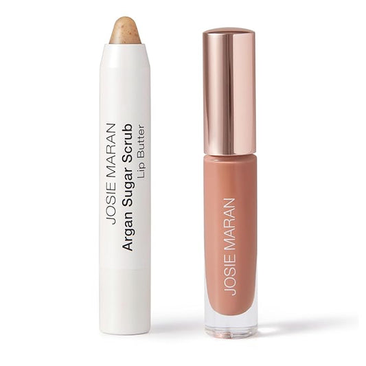 Josie Maran Lip Exfoliator Scrub & Plumping Lip Gloss - Argan Sugar Scrub Lip Butter in Crystal Clear & Hyaluronic Lip Booster in Happy - Buff Away Dry Skin for Soft Lips (2 Piece Lip Care Kit)