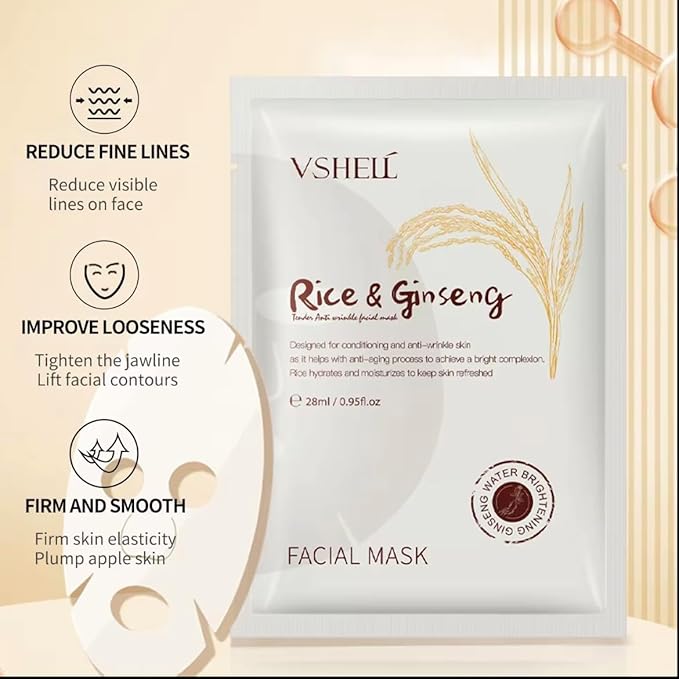 Korean Ginseng Rice Facial Mask 10 Pack Vegan with Vitamin C Korean Ingredient Brightens Skin, Mask Sheet