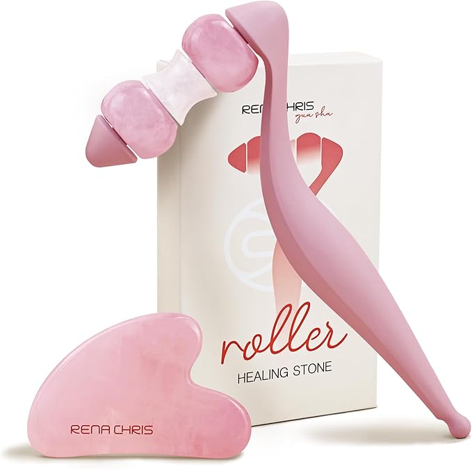 Rena Chris Facial Roller and Gua Sha Set - Jade Gua Sha Facial Tools & Face Roller with Aluminum Alloy Handle and 316 Stainless Steel Shaft for Puffiness Reducing,Skin Care Gift for Women