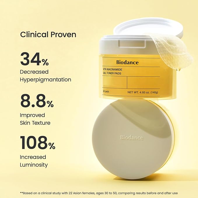 Biodance Vita Niacinamide Gel Toner Pads, Dark Spot Corrector, Evening Skin Tone, Hydrating for Sensitive Skin, Gentle Exfoliating Korean Toner Pads, 4.93 fl.oz.(140g)*60Pads