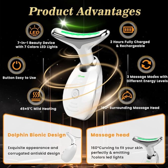 Facial Beauty Device, Portable Facial Skin Care Tools, Based on LED, Thermal, Vibration Technology, 7 Color Led Face and Neck Beauty Device for Home Use