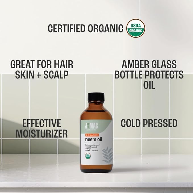 J MAC BOTANICALS Organic Neem Oil for Skin (8 oz Glass Bottle NO Dropper), 100% Organic, Undiluted, Cold Pressed Neem Oil