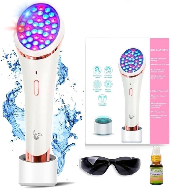 Lyte Wireless Dual Red & Blue LED Light Therapy for Face Includes Hyaluronic Serum Automatic Contact Sensor 2-in-1 Blue and Red LED Light Therapy for Face Wrinkle Reduction Device