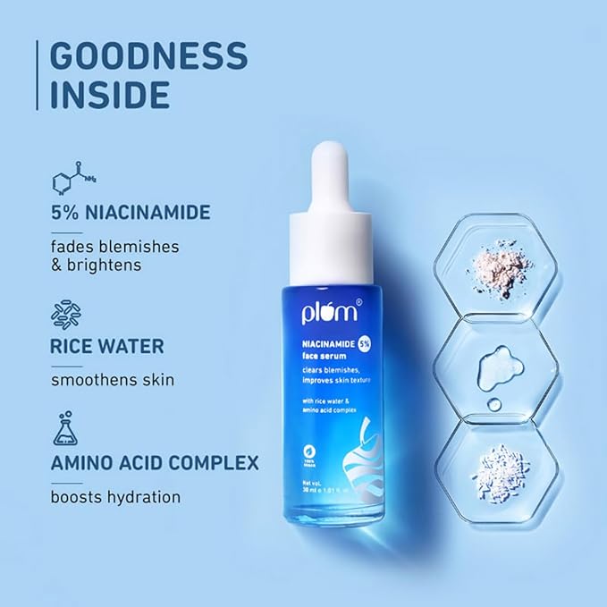 Plum 5% Niacinamide Face Serum for Clear & Bright Skin | with Rice Water | Provides Clear, Glowing & Brightening Skin | Lightweight & Beginner Friendly Serum for Women & Men | All Skin Types | 1 fl oz