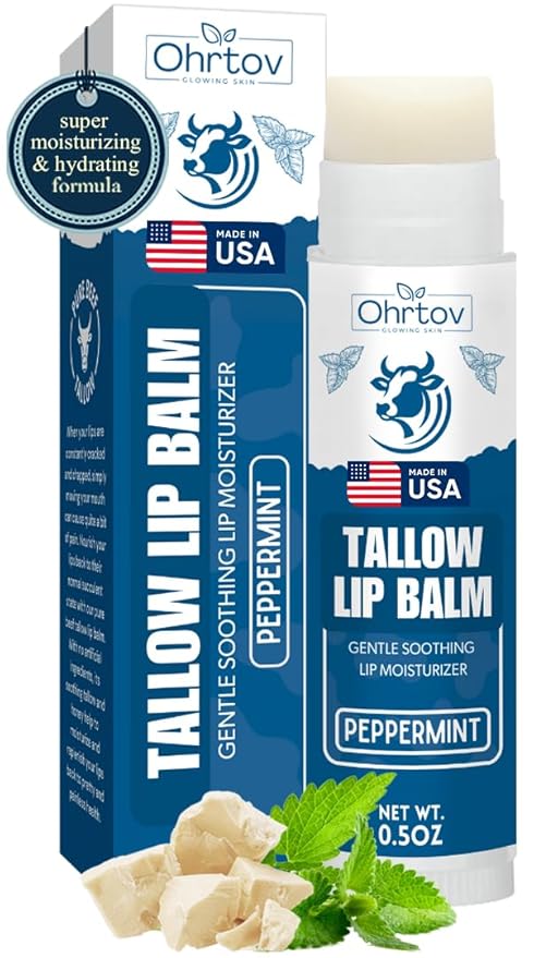 Beef Tallow Lip Balm – Natural Tallow Beeswax Chapstick – Hydrating Moisturizer Grass Fed Bison Tallow Balm Lip Care – Soothes Chapped, Dry Lips, Sensitive Skin – Long Lasting & Vitamin Rich USA-Made