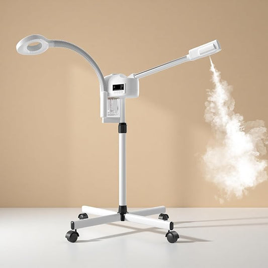 Facial Steamer with Magnifying Lamp, Face Steamer for Esthetician, 2 in 1 Facial Steamer Professional, Face Steamer for Facial Deep Cleaning（White）.