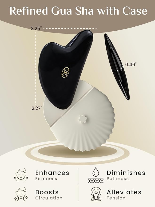 Rena Chris Gua Sha Facial Tools-Ergonomic Black Obsidian Jade Gua Sha for Face Massage, Jawline Sculpting & Puffiness Reduction with Silicone Case (Black)