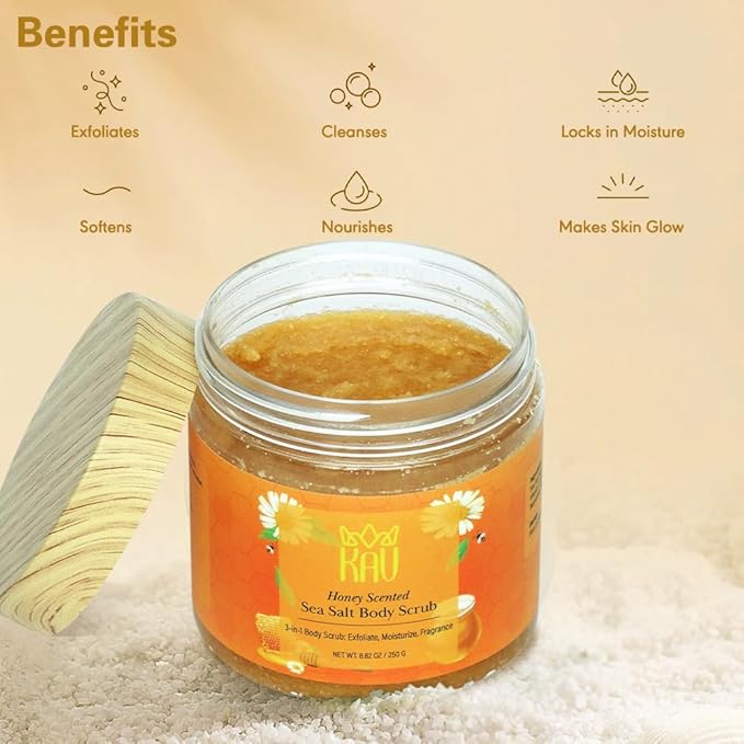 KAV Salt Body Scrub - Natural Exfoliating Salt Scrub for Body and Face, Helps with Moisturizing Skin, Dead Cell Removal, Rejuvenation and Relaxation, 4 Scents (Honey)
