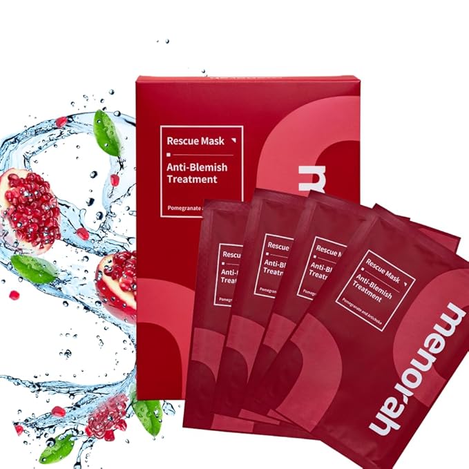 menorah skincare - Anti-Blemish Treatment Rescue Sheet Masks (4 Sheets) - with Pomegranate, Artichoke, Acne Facial Masks, Instant Recovery, Oil-Water Balabce, Acne Skin, Organic cotton sheet mask