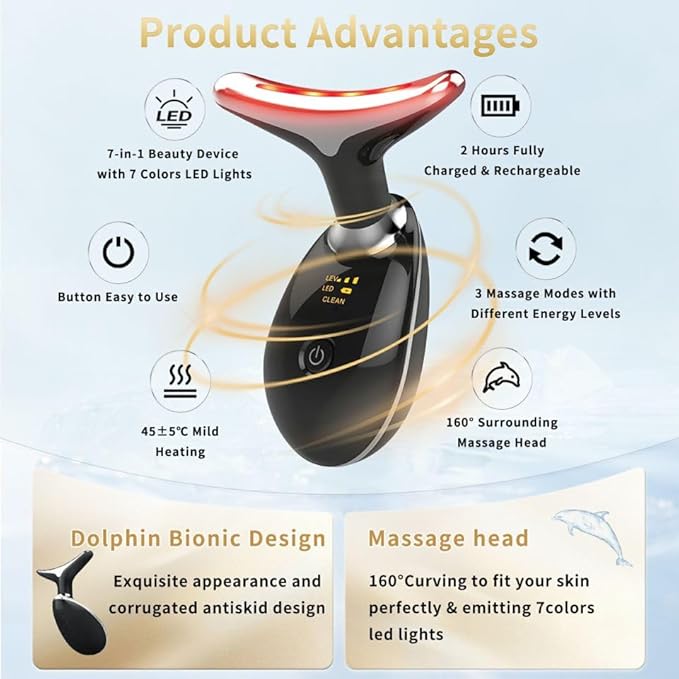 Facial Beauty Device, Multifunctional Facial Skin Care Tools with Vibration, Red and Blue LED Light, 7 Color Led Face and Neck Beauty Device for Home Use, Improve Skin