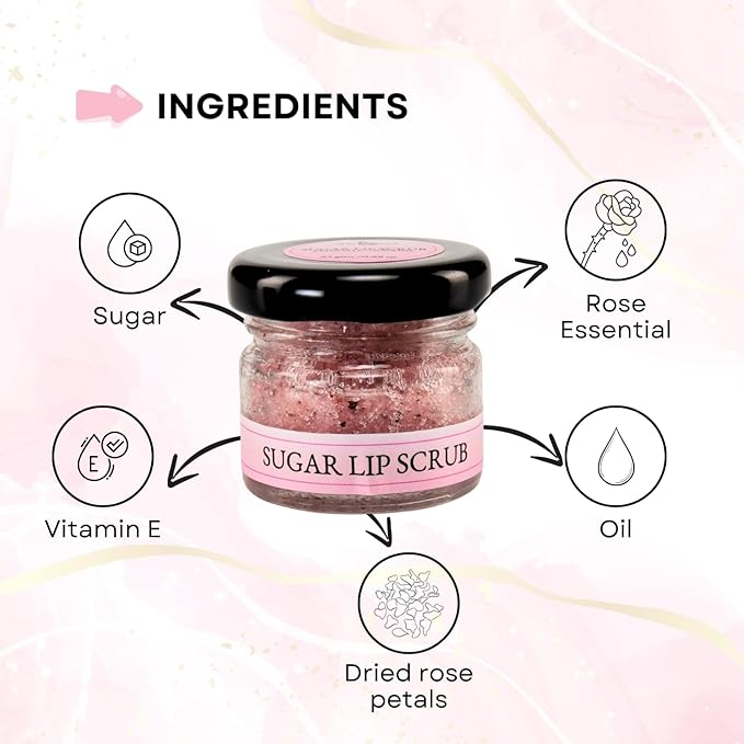 Sugar Lip Scrub Exfoliate & Nourish - 0.88Oz/25gm Vitamin E & Rose Essential Oil - Natural Moisturizer Exfoliator Lipcare Scrubber - Smoothing Lips Scrubs for Girls, Women Valentine Day Gifts