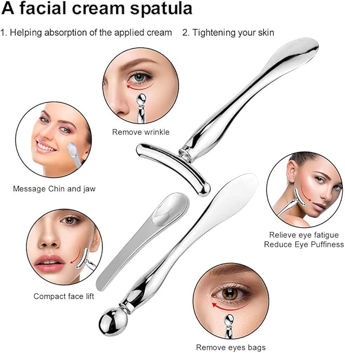 3 Pcs Metal Eye Cream Applicator Tool, Eye Roller Massage Sticks and Makeup Cream Spoon, Facial Massager for Reducing Puffiness Wrinkle Dark Circles