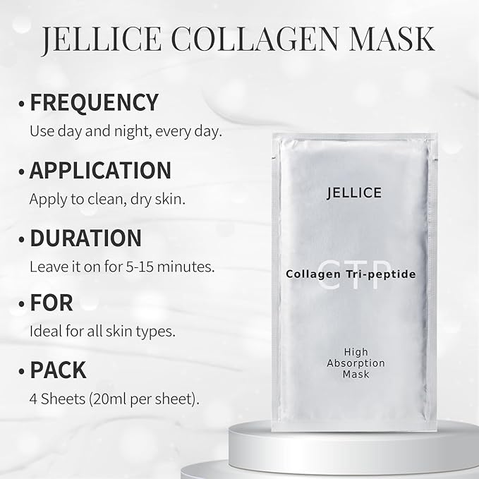 High Absorption Collagen Face Mask for Women - Face Sheet Mask for All Skin Types with Collagen Tripeptides for Deep Hydration & Enhanced Elasticity - Japanese Cosmetics - 20ml × 4 Sheets