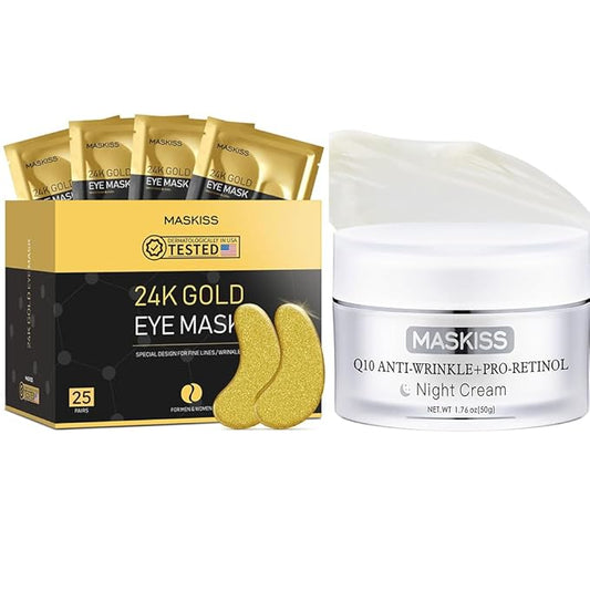 24K Gold Under Eye Patches (25 Pairs) & Q10 Anti-Wrinkle Night Cream, Pro-Retinol Face Moisturizer for Firming, Hydrating & Anti-Aging Skincare