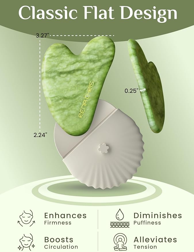 Rena Chris Gua Sha Facial Tools-Xiuyan Jade Gua Sha Stone for Face Massage, Jawline Sculpting & Puffiness Reduction with Silicone Case (Green)