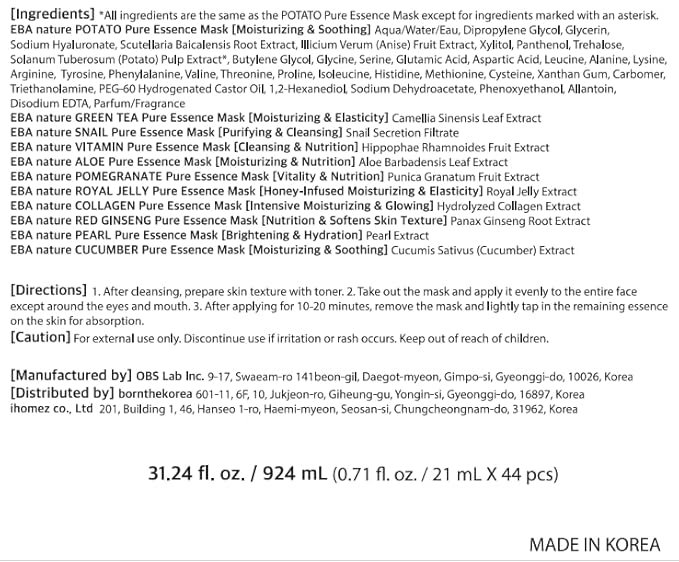 Eba nature} 44 Pcs Combo-Pack, Premium Korean Pure Essence Facial Mask Sheet (11 Types x 4 pcs), hydrating. moisturizing