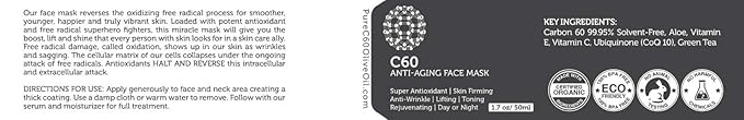 C60 Anti-Aging Face Mask 50ml with Green Tea, Aloe, Ubiquinone (CoQ 10), Vitamin E and Vitamin C for Men & Women Made with Organic Ingredients - From The Leading Global Producer