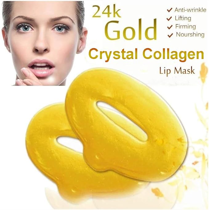 24K Gold Gel Crystal Collagen Lip and Eye Mask, 5 Pairs Gold Eye Mask Pads and 5 Pcs Gold Lip Patches for Moisturizing, Anti Wrinkle, Anti Aging, Hydrating Lips and Eyes