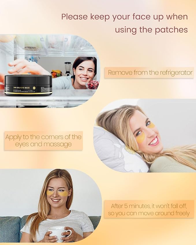 120 Pcs 24K Gold Eye Patches,Collagen Under Eye Mask for Puffy Eyes & Dark Circles, Combat Fine Lines and Wrinkles,Non-Irritating Under Eye Patches