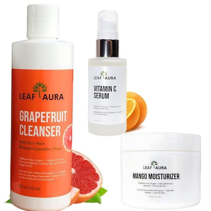 Daily Skin Care Products Combo- Comes with Cleanser, Vitamin C serum & Mango Moisturizer- Natural + Organic Formula- Made In Canada- For Men & Women (Grapefruit Cleanser)