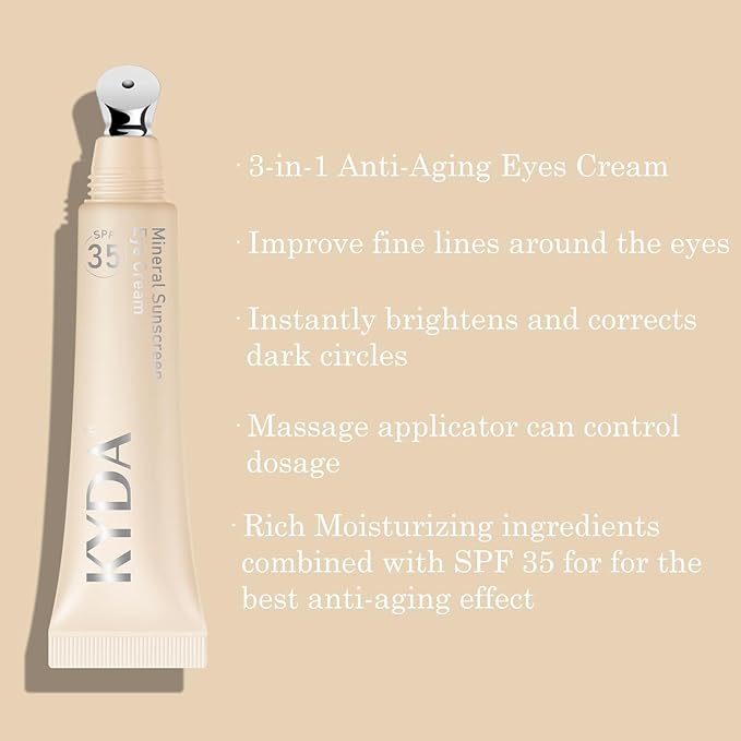 KYDA Mineral Sunscreen Eye Cream, SPF 35, 3-in-1 Under Eye Cream for Dark Circle and Fine Lines