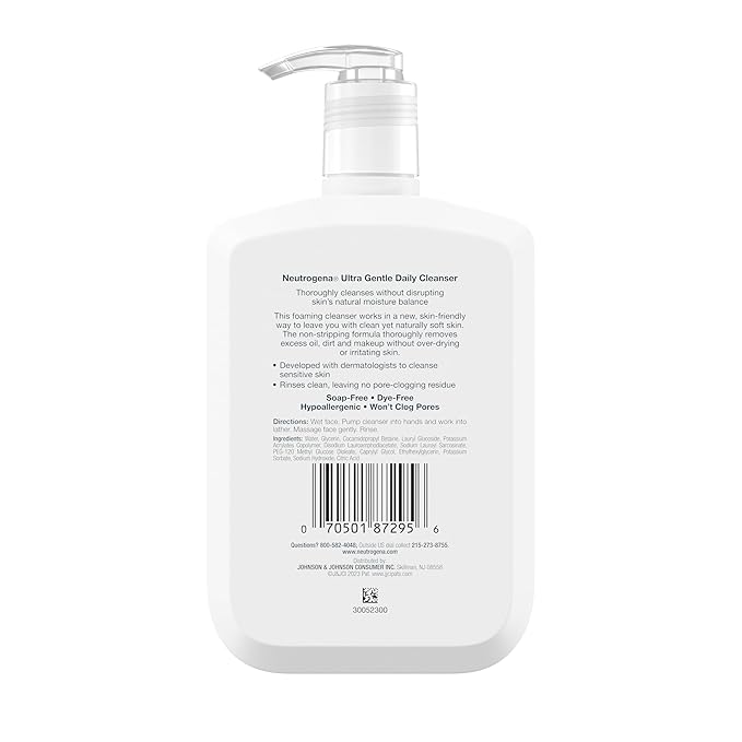 Neutrogena Fragrance Free Ultra Gentle Foaming Daily Cleanser, Hydrating Face Wash for Sensitive Skin, Removes Makeup & Gently Cleanses Without Over Drying, Hypoallergenic, 12 fl. oz