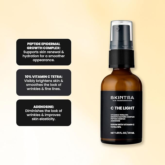 C The Light - 10% Stable Vitamin C Serum for Face, Neck, and Hands, Brightens & Firms Skin – Safe Vegan Formula Suitable for Sensitive Skin – 30 ml/Net 1.01 Fl. Oz