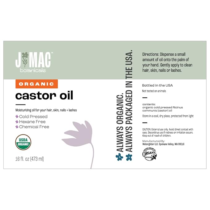 J MAC BOTANICALS, Organic Castor Oil Cold Pressed (Glass Bottle, 16 oz) pure unrefined, hexane free for face, skin, eyelashes, pack wraps, pads
