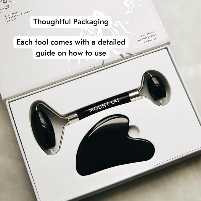 Mount Lai Black Obsidian Facial Spa Set, Black Obsidian Gua Sha Facial Tools Set and Roller, Guasha Tool for Face to Relieve Muscle Tension and Reduce Puffiness, Anti Aging Skin Care Sets for Women