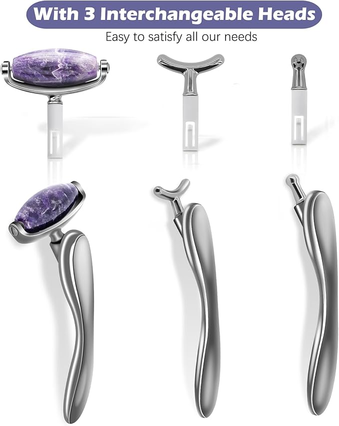 I·B·N G Jade Face Roller, Facial Rollers for Women, Face Massage Skin Care Beauty Tools with 3 Interchangeable Heads (Purple+Black)