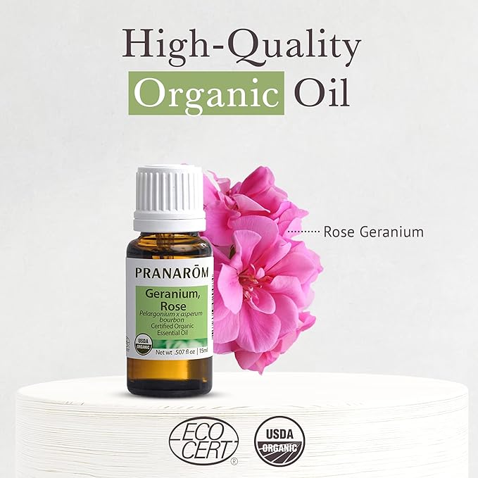 Pranarom USDA Certified Organic Rose Geranium Essential Oil (15ml), 100% Pure Undiluted Therapeutic Grade from Madagascar for Aromatherapy, Diffuser, Skincare, Relaxation, Pure Rose Scent