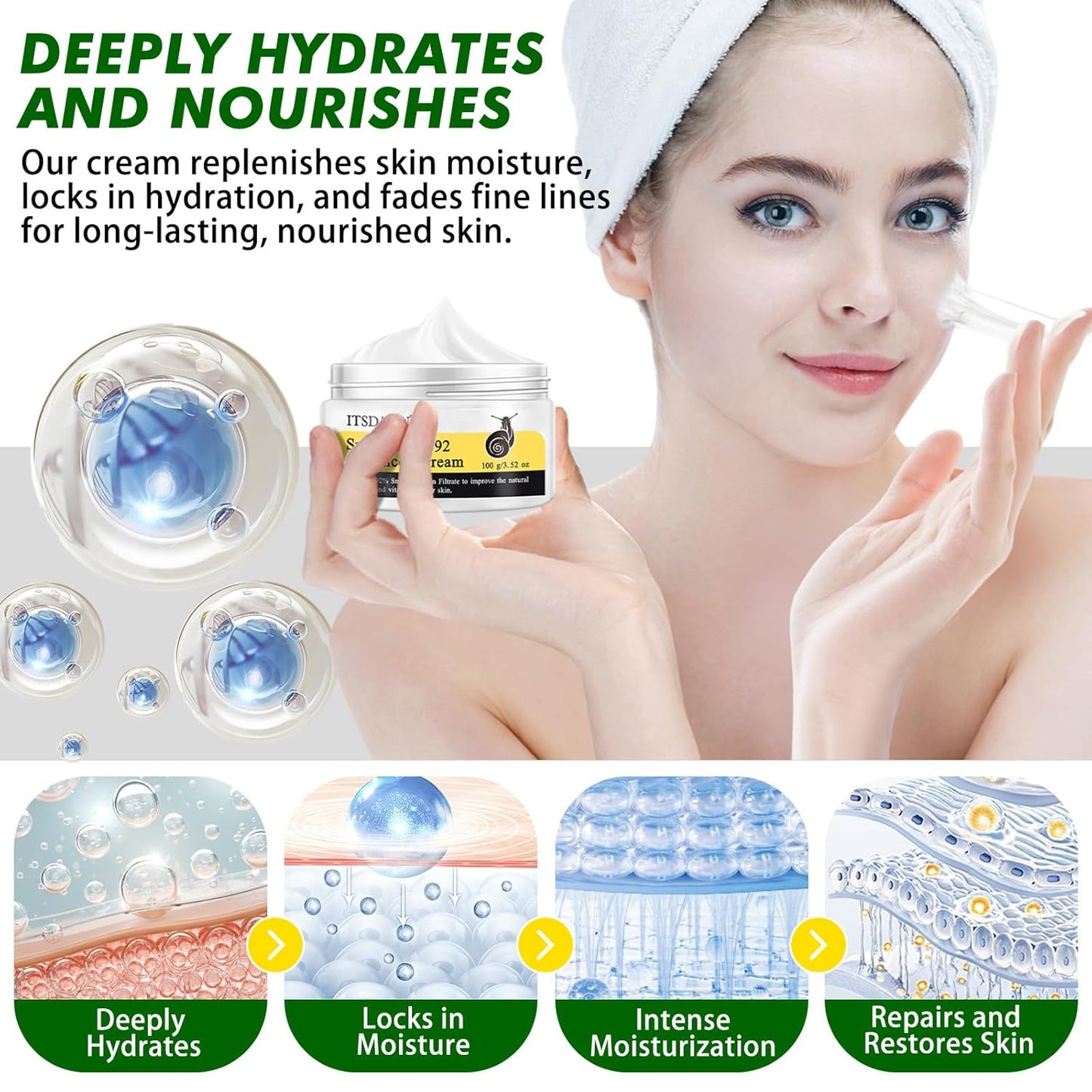 Snail Mucin 92% Repair Cream 100g, Face Moisturizer Hydrating Repair Face Cream for Dry & Sensitive Skin, All Skin Types