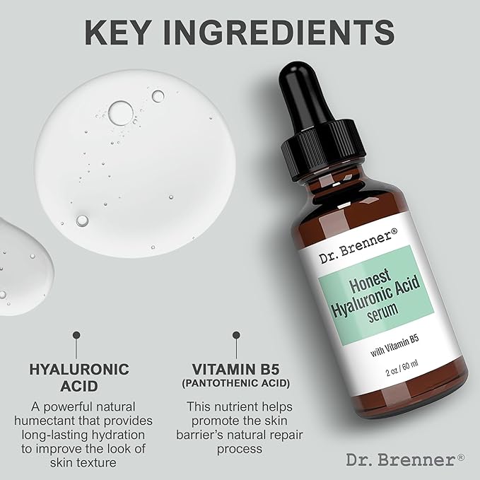 2 oz. Hyaluronic Acid Serum For Skin, Made with 100% Pure Hyaluronic Acid, Plumping, Anti-Aging, Hydrating, Moisturizing HA Serum With Vitamin B5 by Dr. Brenner (2 oz)