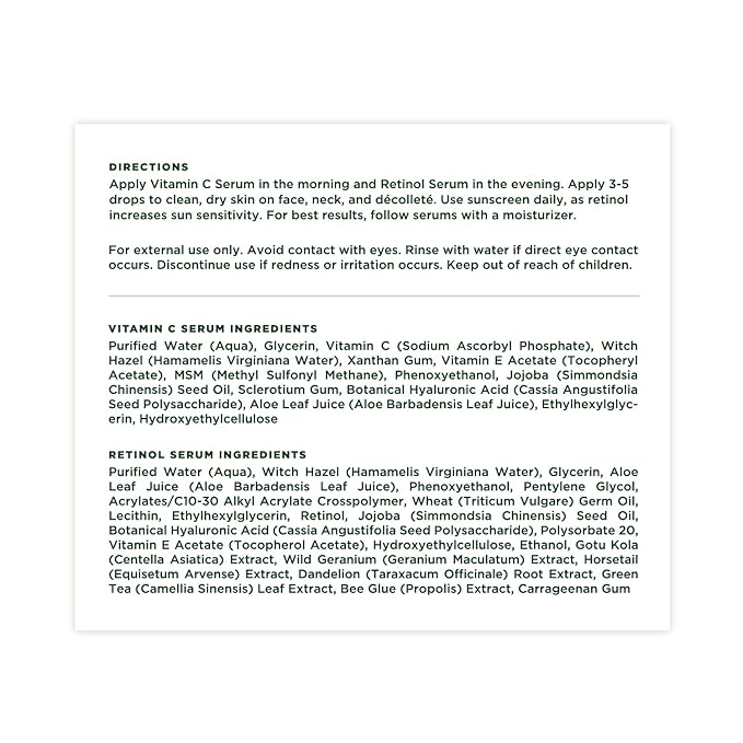 Tree of Life Beauty Facial Skin Care Set, Brightening, Firming, Hydrating, Dry Face, Dermatologist Tested - Vitamin C Serum (Brightens) + Retinol Serum (Smooths) - Skin Care Kit, 2 count of 1 Fl Oz