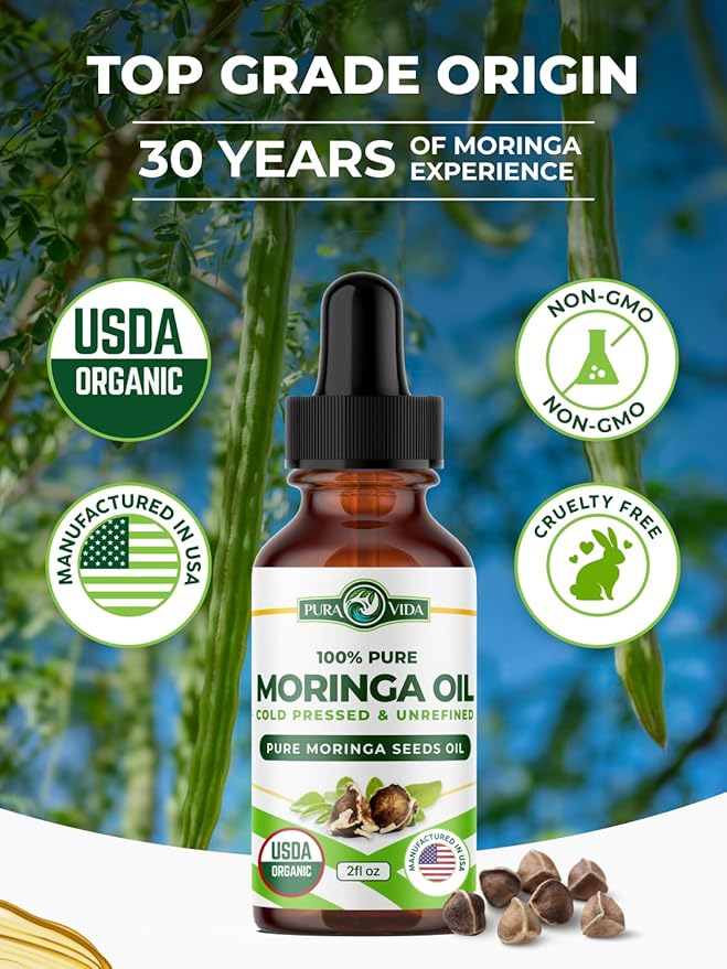 USDA Organic Moringa Seed Oil: 100% Pure, Cold Pressed, Unrefined Moringa Oleifera Seed Oil. 2 oz Bottle with Treatment Pump. For Skin and Hair - Food Grade for Oral Consumption