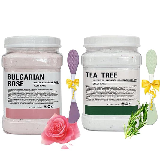 Jelly Mask Powder for Facials,Rose Moisturizing Jelly Face Mask,Tea Tree Jelly Face Mask,Face Masks with Double-ended Silicone Brush, 23 Fl Oz