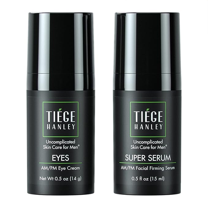 Tiege Hanley Morning and Night Facial Firming Serum (SUPER SERUM) and Eye Cream (EYES) for Men | Anti-Aging Pack | Sodium Hyaluronate and Retinyl Palmitate for Tighter, Smoother Skin | Caffeine to Fight Dark Circles | 0.5 ounces each