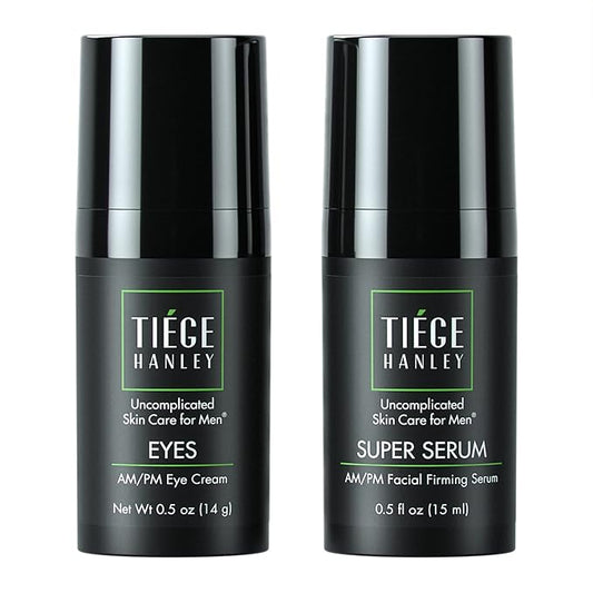 Tiege Hanley Morning and Night Facial Firming Serum (SUPER SERUM) and Eye Cream (EYES) for Men | Anti-Aging Pack | Sodium Hyaluronate and Retinyl Palmitate for Tighter, Smoother Skin | Caffeine to Fight Dark Circles | 0.5 ounces each