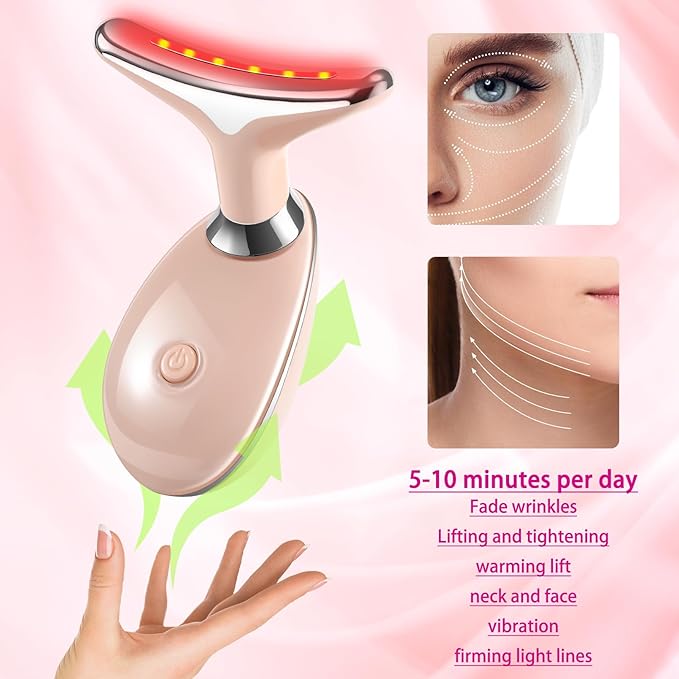 7-in-1 Face and Neck Massage Tool for Skin Care Gift, Multifunctional Electric Red Light Therapy for Face, Wrinkles, Double Chin (Pink)