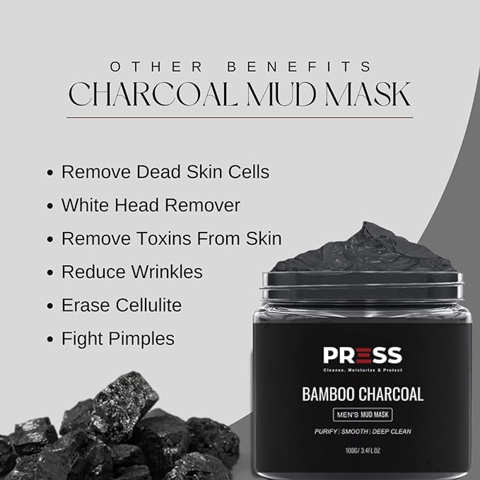 PRESS SKINCARE Bamboo Charcoal Face Mask| Mud Masks for Face | Face Masks Skincare for Men | Exfoliator, Pore Cleansing & Anti Aging Hydrating Face Masks Skin care |3.4 FL. OZ