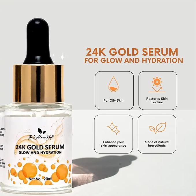 The Wellness Shop - 24K Gold Serum For Glow & Hydration- Water Based | For All Skin Types | Promotes Cell Regeneration | Reduces Wrinkles | No Side Effects | For Men & Women | (20ml / 0.67 fl oz)