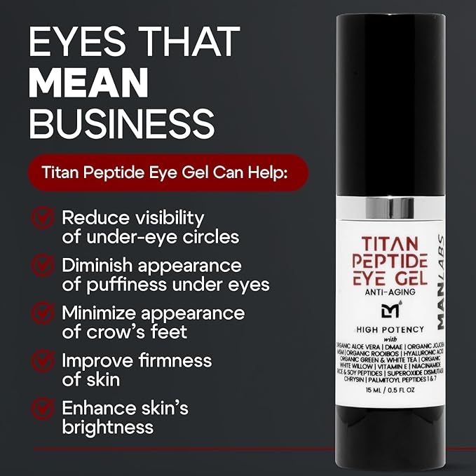 Titan Mens Eye Cream Anti Aging Bags & Dark Circle - Eye Bags Treatment for Men, High Potency Cooling Eye Gel Puffy Eyes Treatment for Men, Peptides, DMAE, MSM, Aloe, Unscented, 0.5 Fl Oz