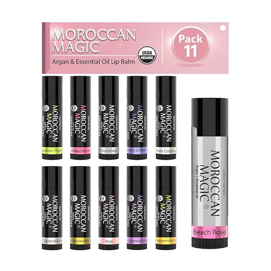 Moroccan Magic Organic Lip Balm & SPF15: 11 Piece Variety Pack Gift Set | Organic Argan and Essential Oils | Smooth | Natural | Non-Toxic | Cruelty Free | 11 Pack