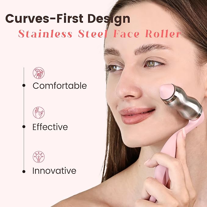 Rena Chris Stainless Steel Face Roller - Metal Facial Massager Tool with Enhanced Contour Fit for Puffiness Reducing, Skin Care Roller Gift for Women (Silver)