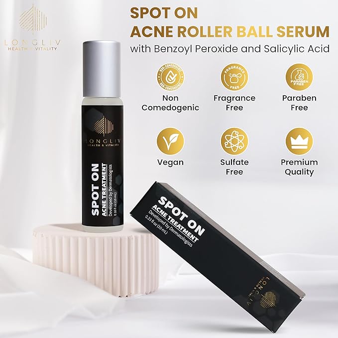 Spot On Acne Roller Ball Serum with Benzoyl Peroxide and Salicylic Acid - Pimple Spot Treatment - Treat Zits & Blemishes On the Go Without a Mess - Formulated by Dermatologists